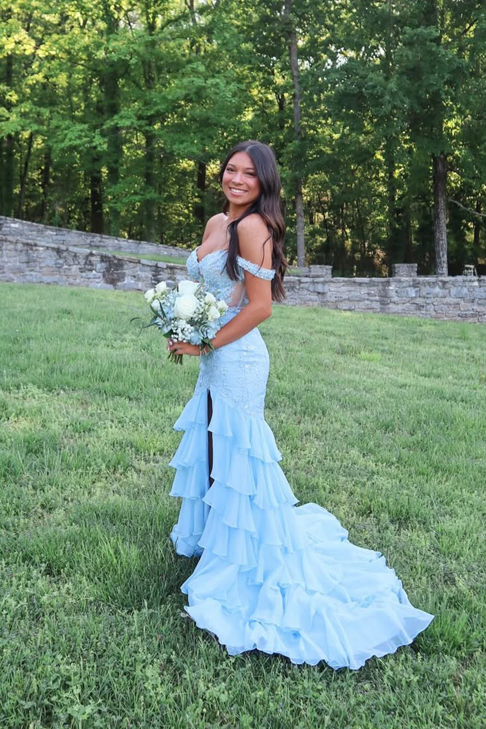 Stunging Mermaid Off the Shoulder Light Blue Tiered Prom Dress Gown with Slit LF1379