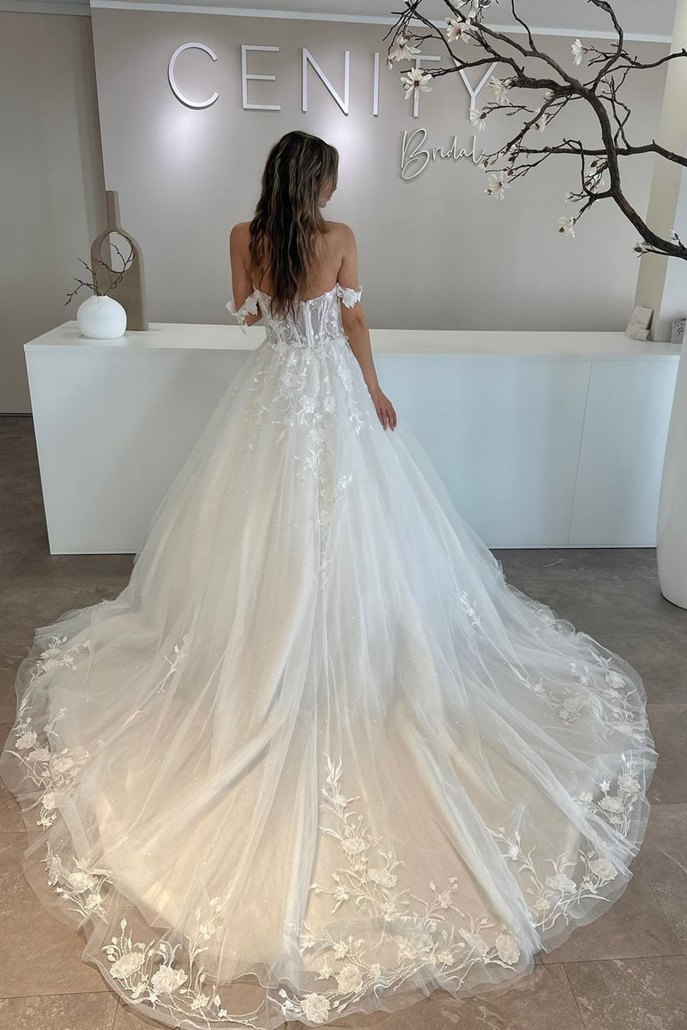 Pastoral Style A Line Off the Shoulder Tulle Wedding Dresses Gown with Appliques HS882