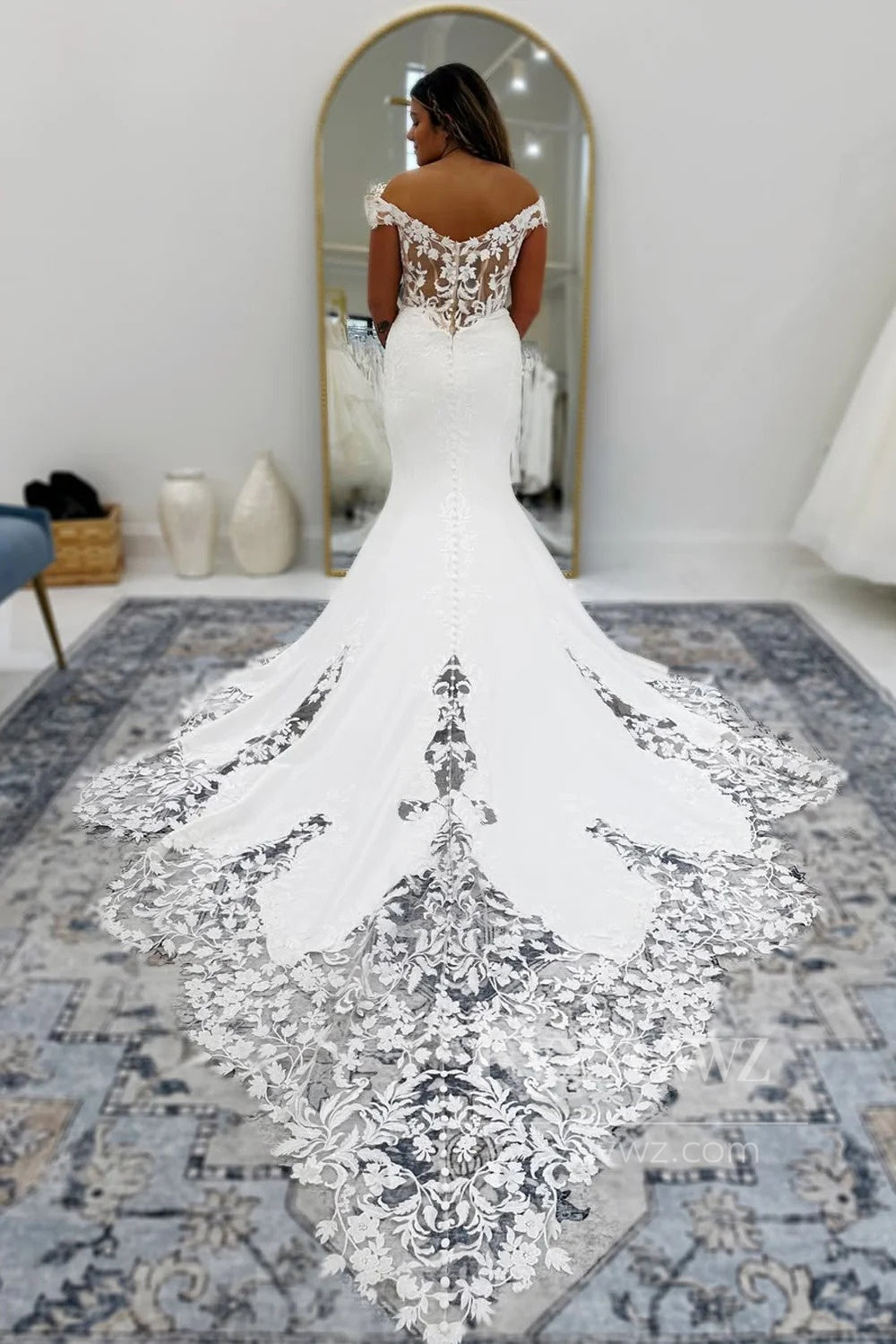 Off-Shoulder Satin Lace Mermaid Wedding Dress with Dramatic Train Bridal Gown HS476