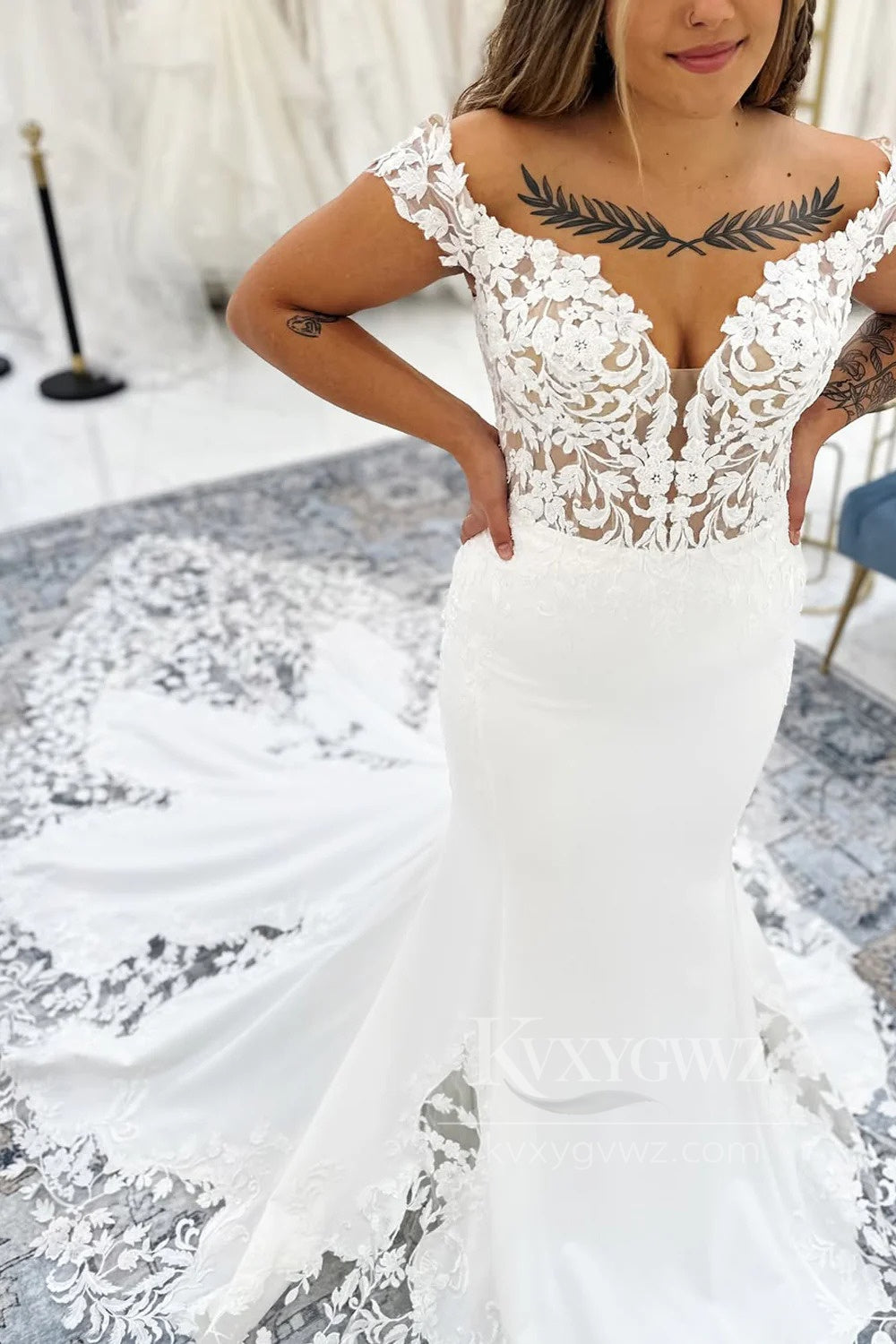 Off-Shoulder Satin Lace Mermaid Wedding Dress with Dramatic Train Bridal Gown HS476