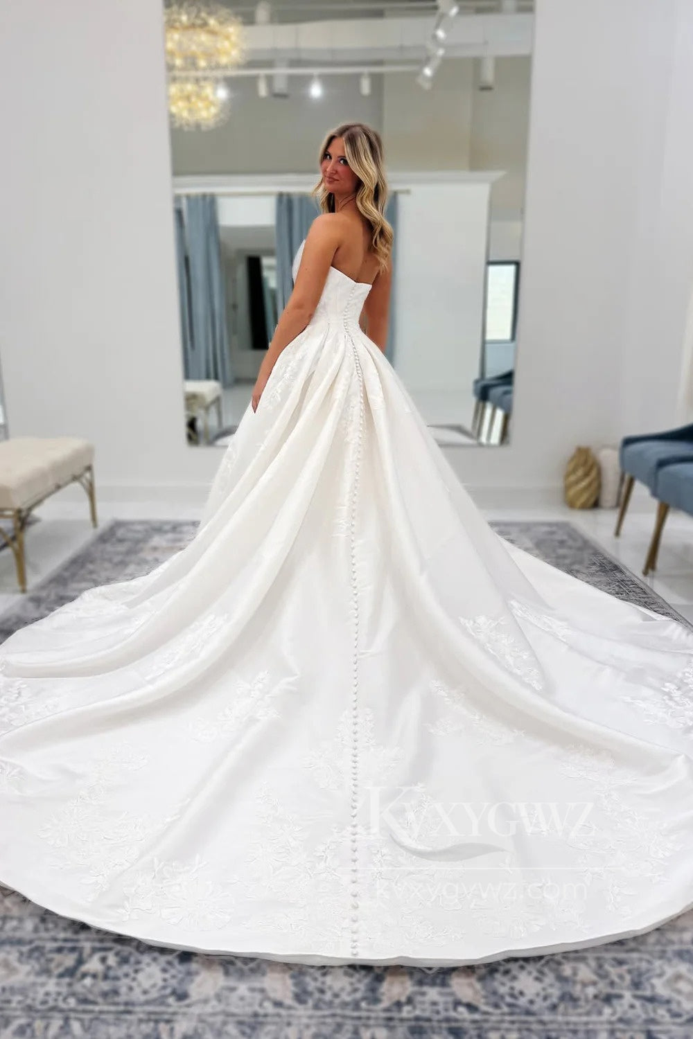 Strapless Satin Floral Wedding Gown with Dramatic Train Bridal Gown HS477