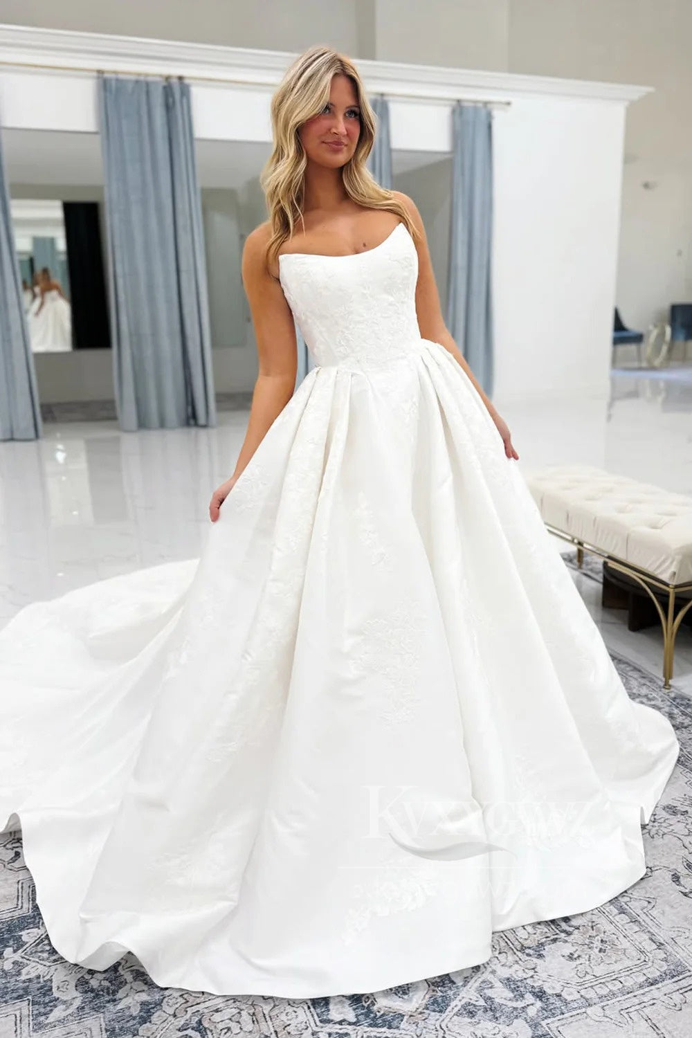Strapless Satin Floral Wedding Gown with Dramatic Train Bridal Gown HS477