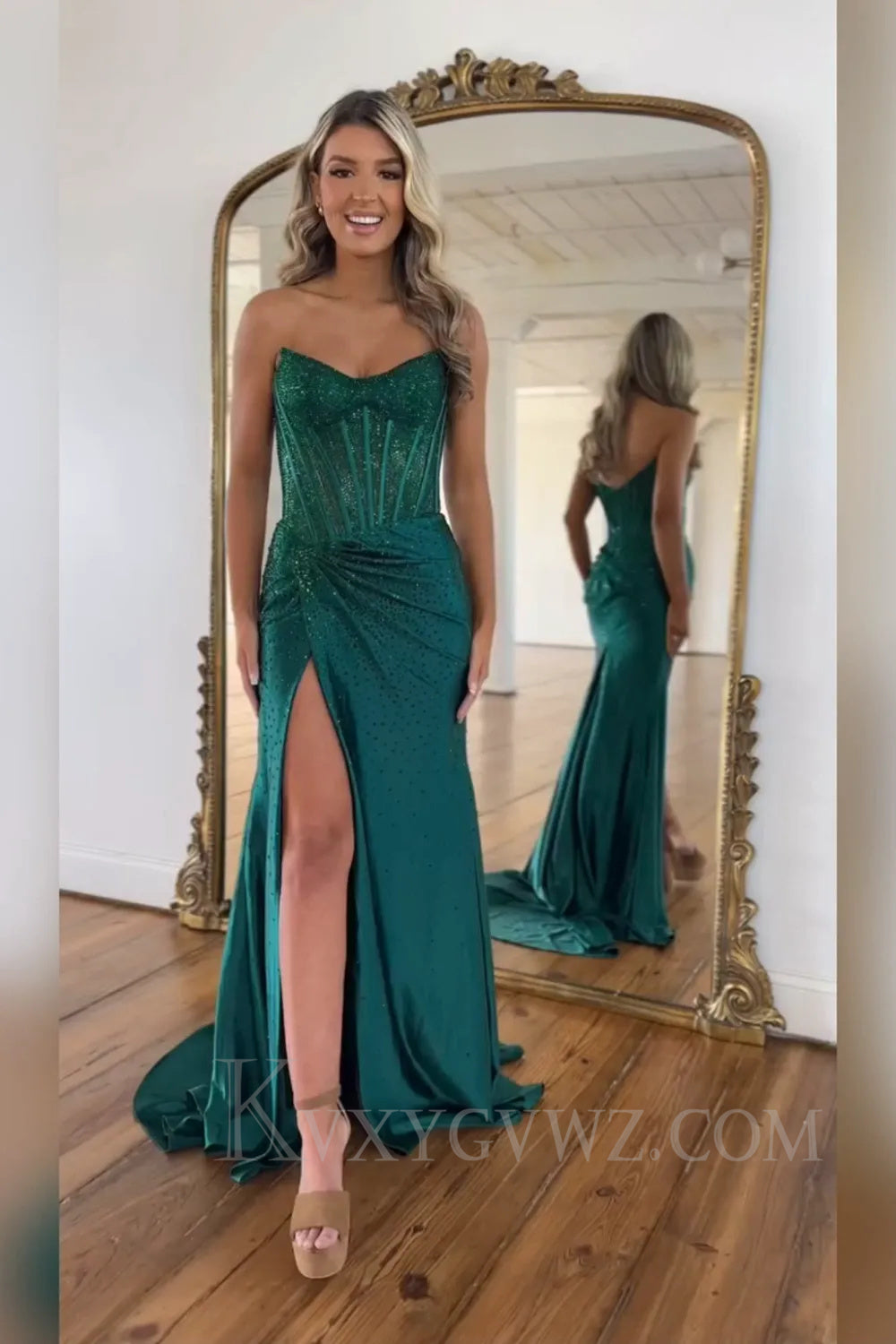 Sparkly Gold Mermaid Corset Beaded Long Prom Dress with Slit LF048