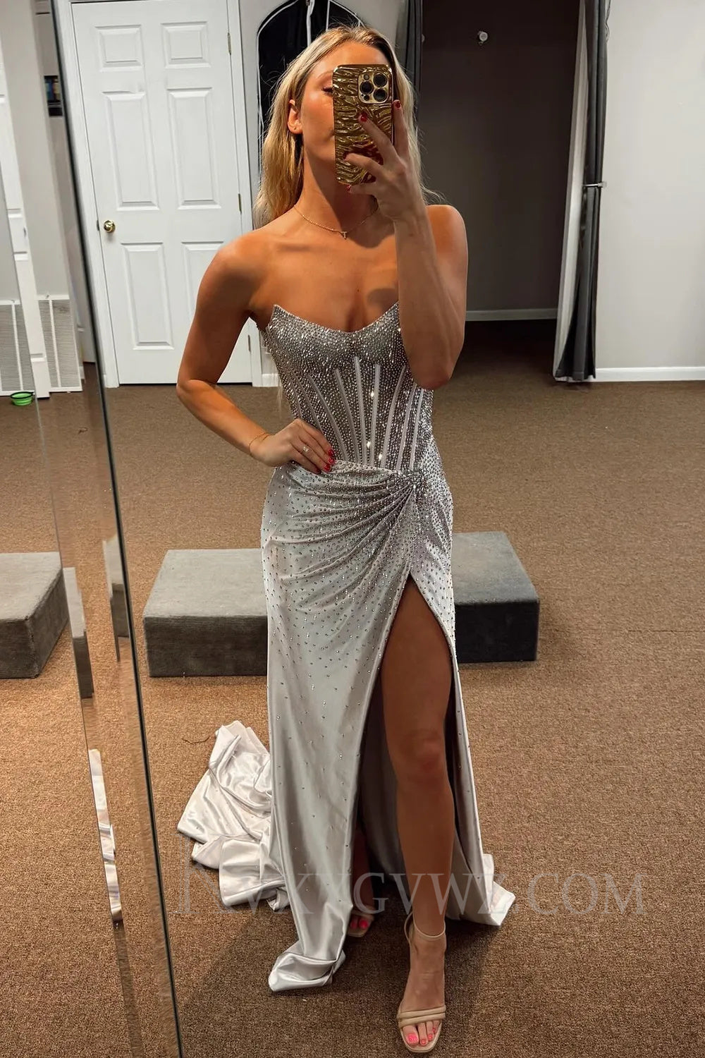 Sparkly Gold Mermaid Corset Beaded Long Prom Dress with Slit LF048