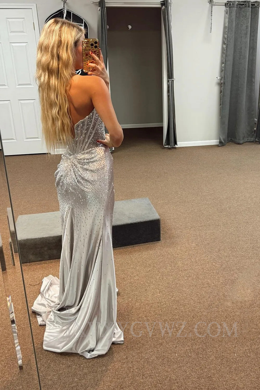 Sparkly Gold Mermaid Corset Beaded Long Prom Dress with Slit LF048