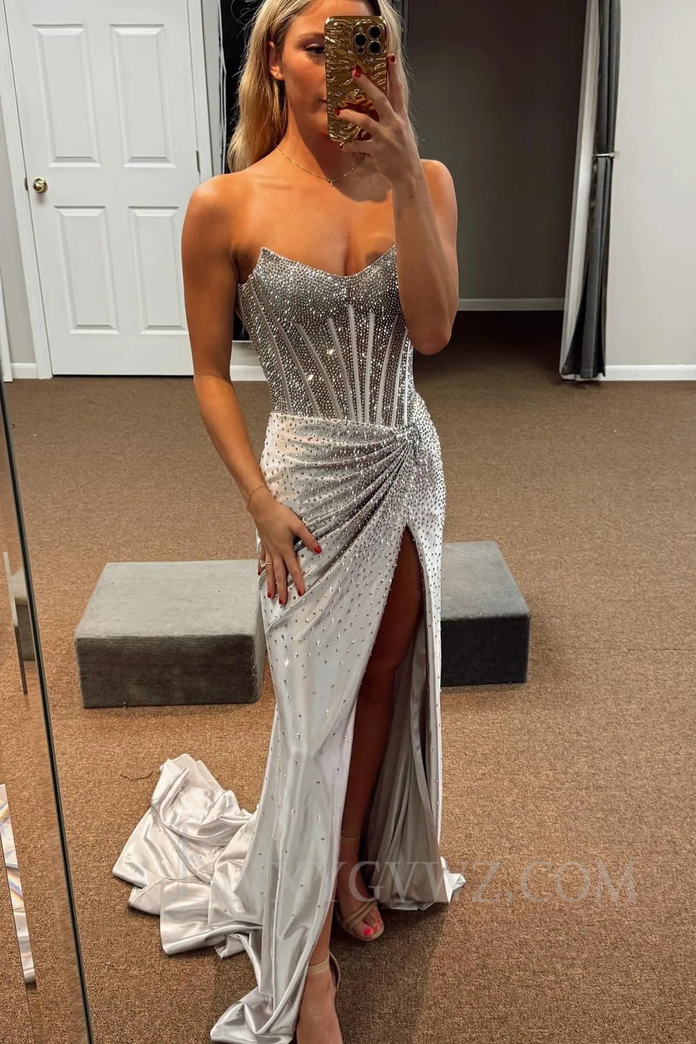 Sparkly Gold Mermaid Corset Beaded Long Prom Dress with Slit LF048