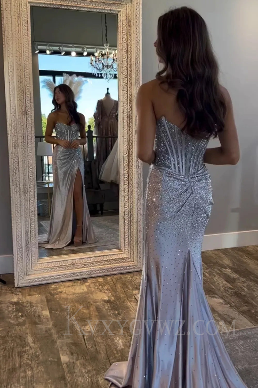 Sparkly Gold Mermaid Corset Beaded Long Prom Dress with Slit LF048