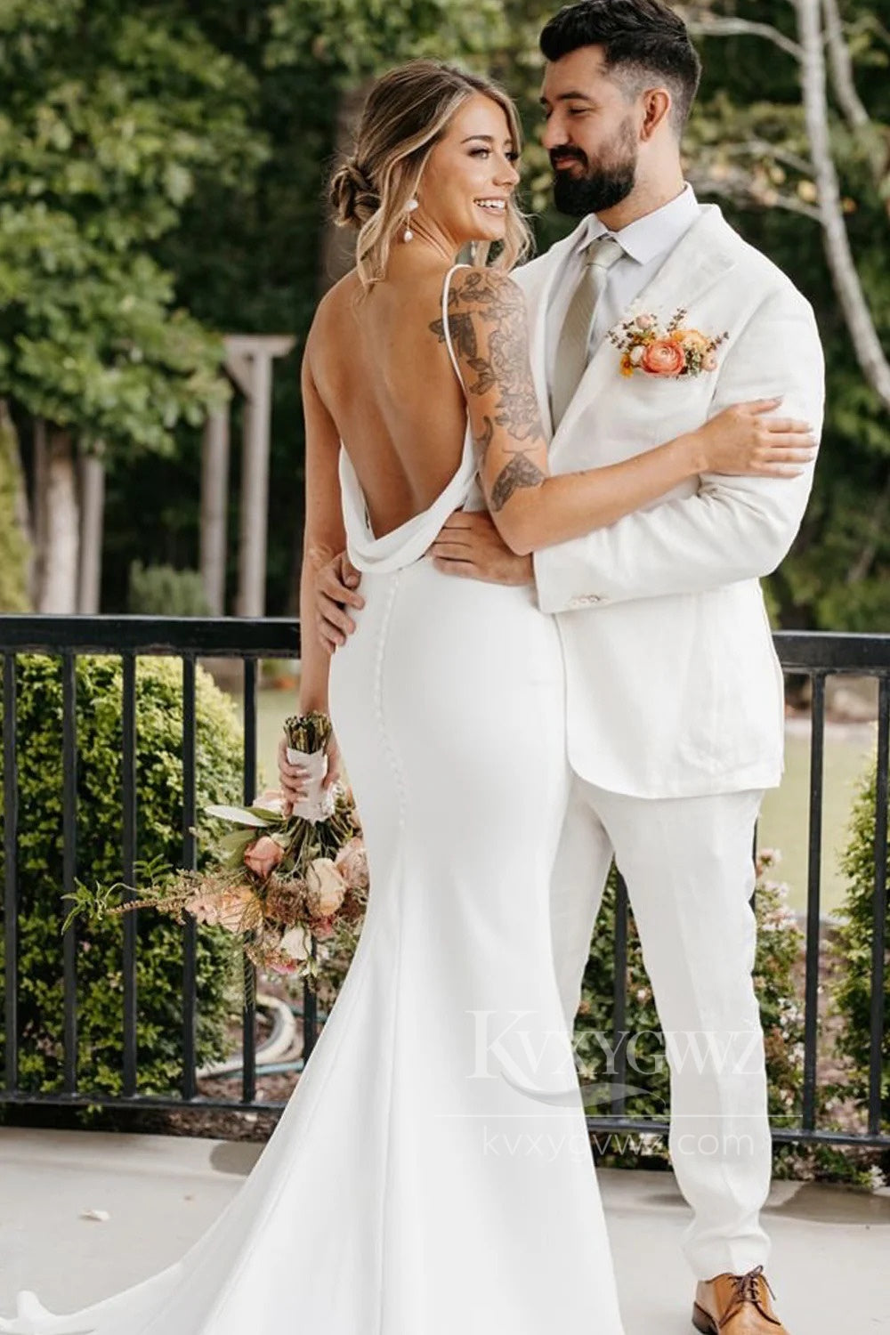 Elegant Deep V-Neck Satin Bridal Gown Mermaid Sweep Train Wedding Dress HS480