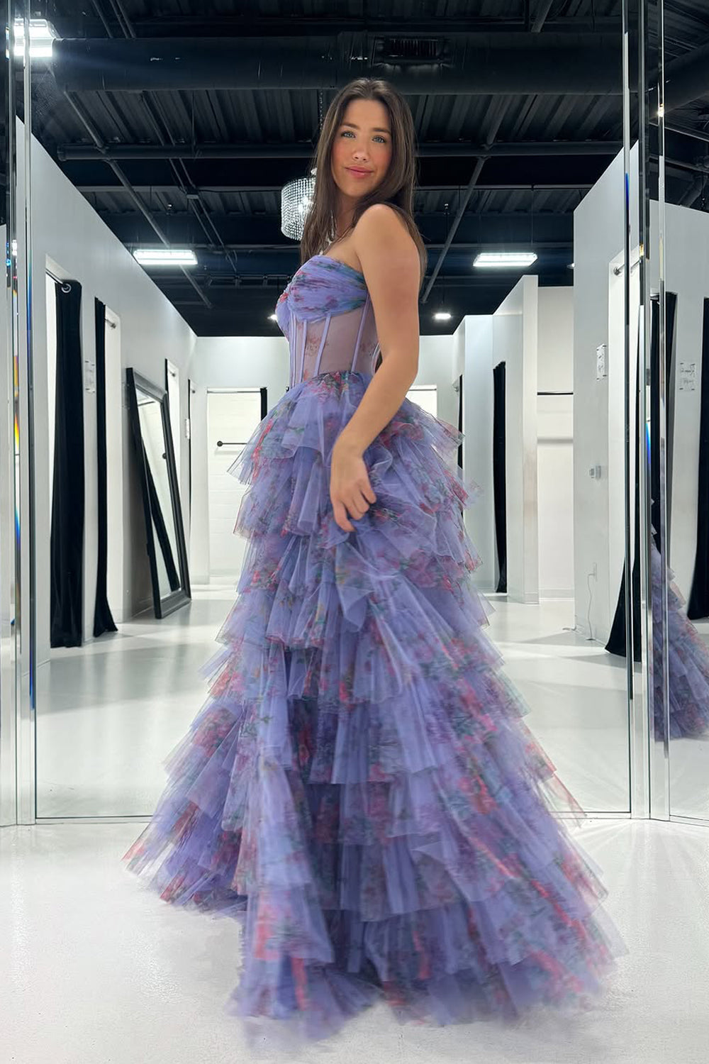 A-Line Sweetheart Floral Printed Ruffle Tiered Long Prom Dress Gown with Slit LF1225