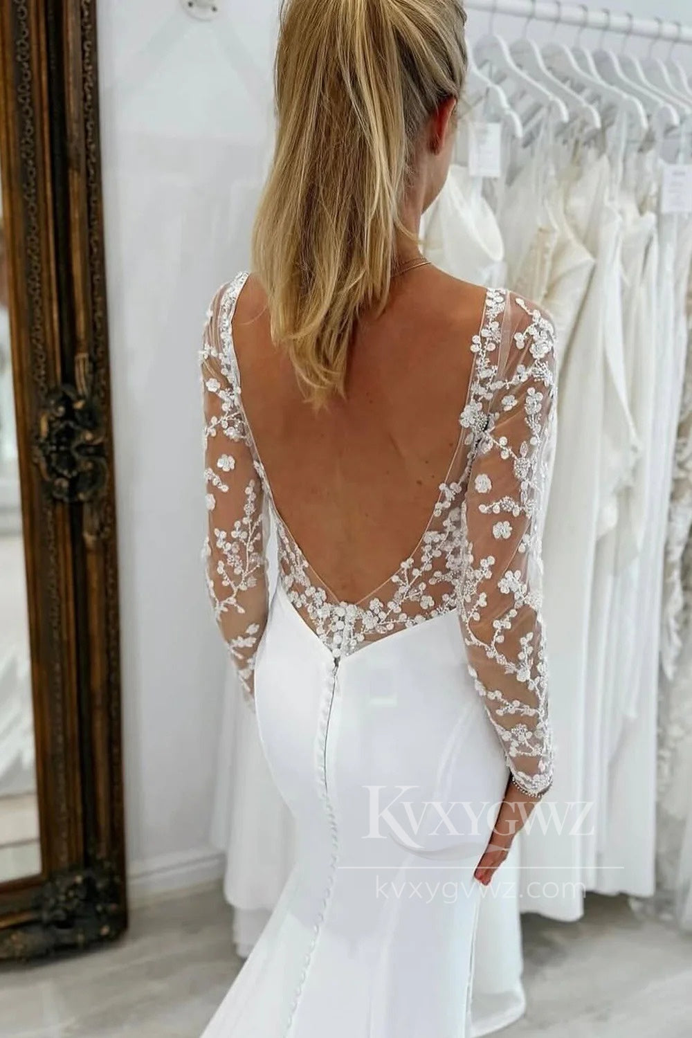 Lace Long Sleeve Satin Bridal Gown Mermaid Sweep Train Wedding Dress HS485