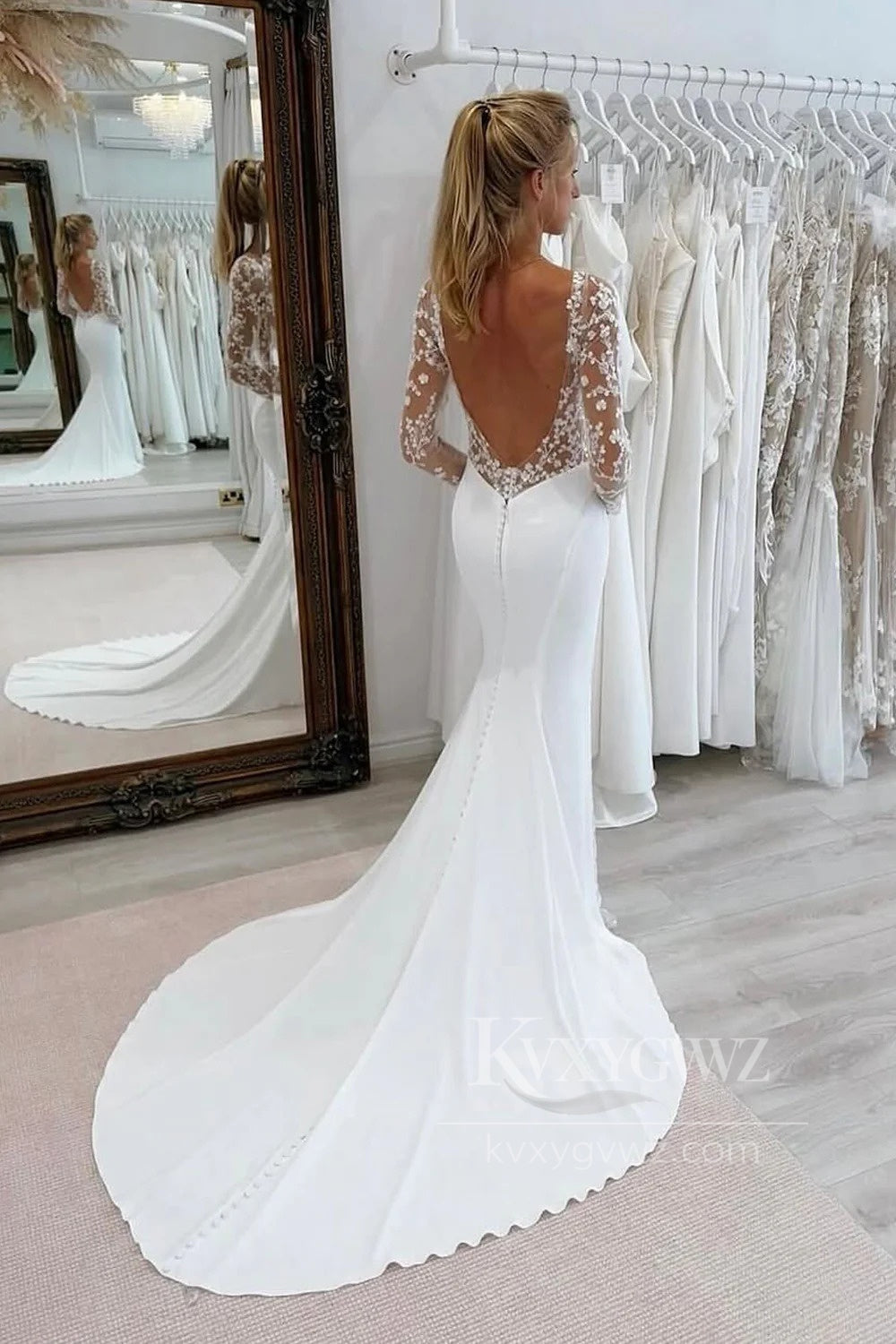 Lace Long Sleeve Satin Bridal Gown Mermaid Sweep Train Wedding Dress HS485
