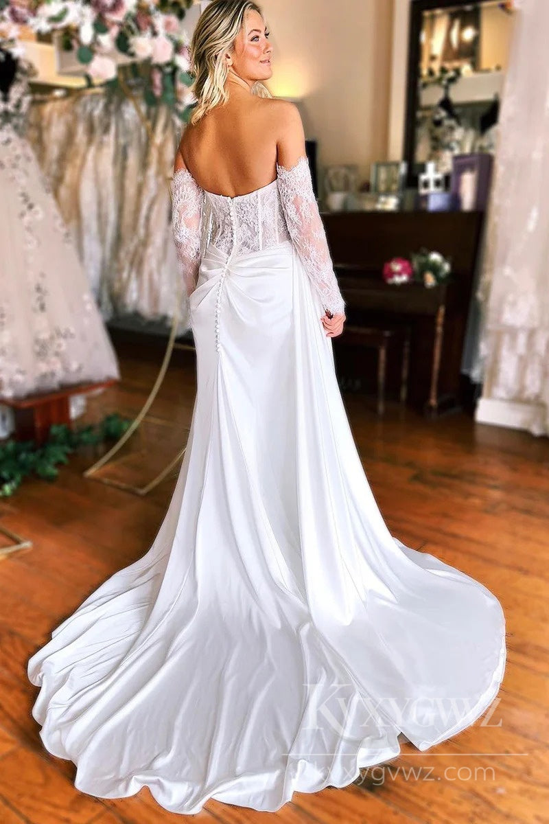 Lace Long Sleeves Satin Bridal Gown Sweetheart Mermaid Wedding Dress HS486