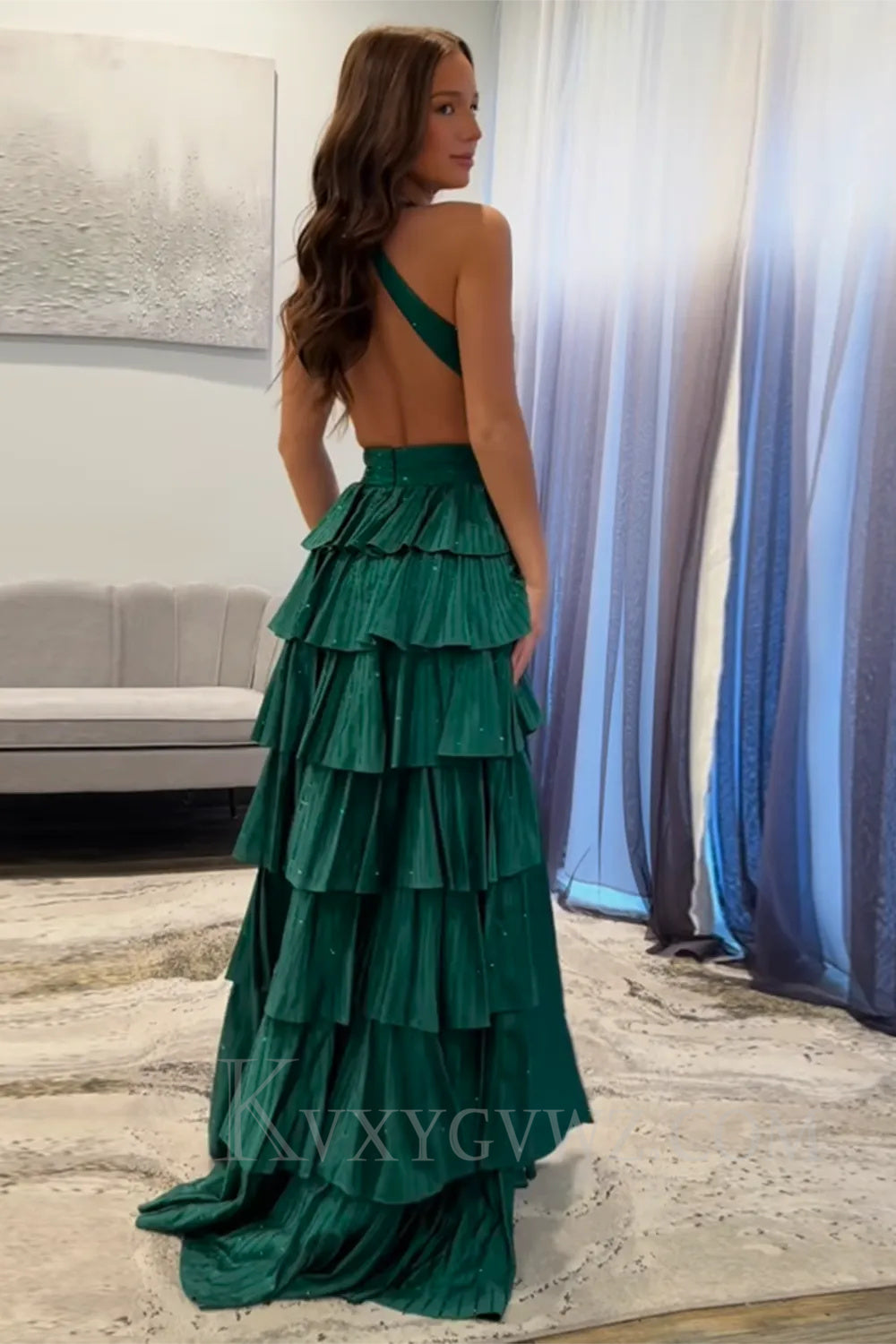 Sparkly Emerald Green Tiered A-Line Deep V-neck Halter Long Prom Dress with Slit LF049