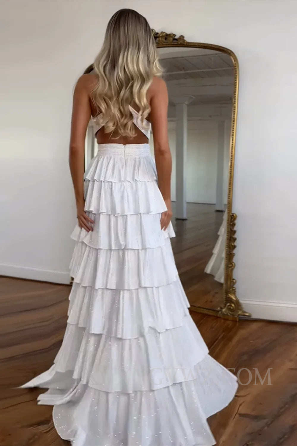 Sparkly Emerald Green Tiered A-Line Deep V-neck Halter Long Prom Dress with Slit LF049