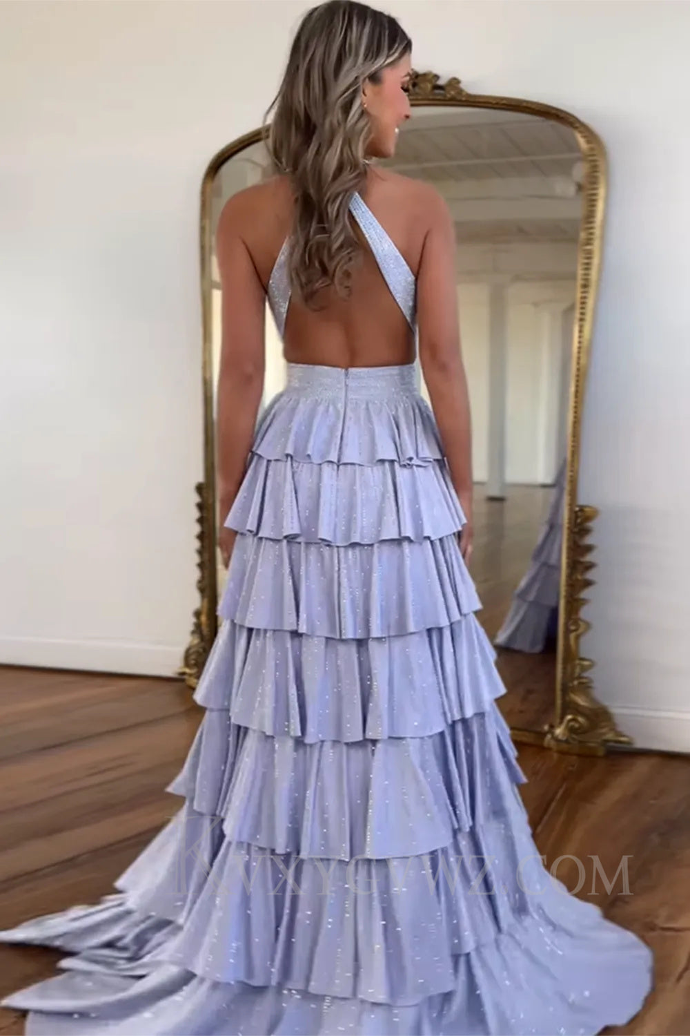 Sparkly Emerald Green Tiered A-Line Deep V-neck Halter Long Prom Dress with Slit LF049