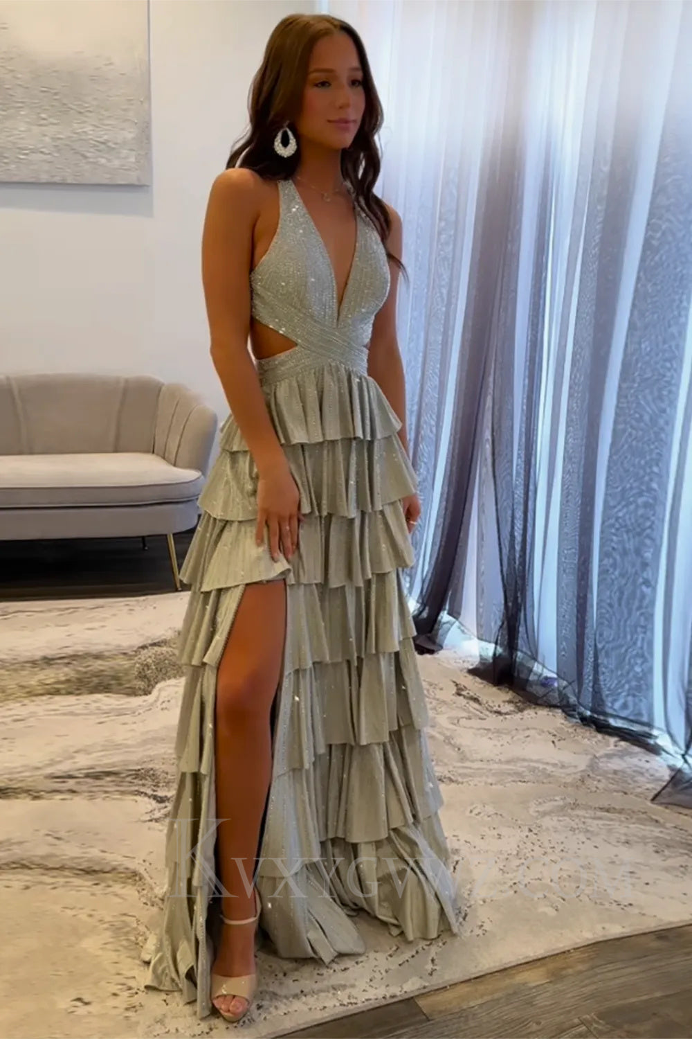 Sparkly Emerald Green Tiered A-Line Deep V-neck Halter Long Prom Dress with Slit LF049