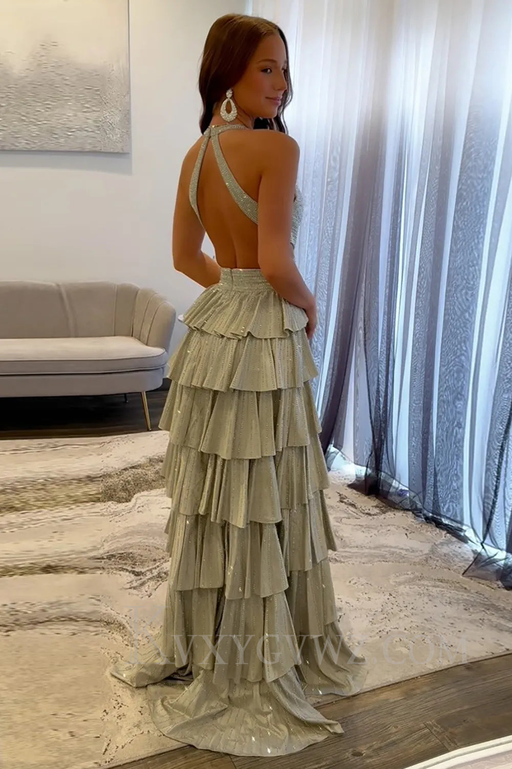 Sparkly Emerald Green Tiered A-Line Deep V-neck Halter Long Prom Dress with Slit LF049