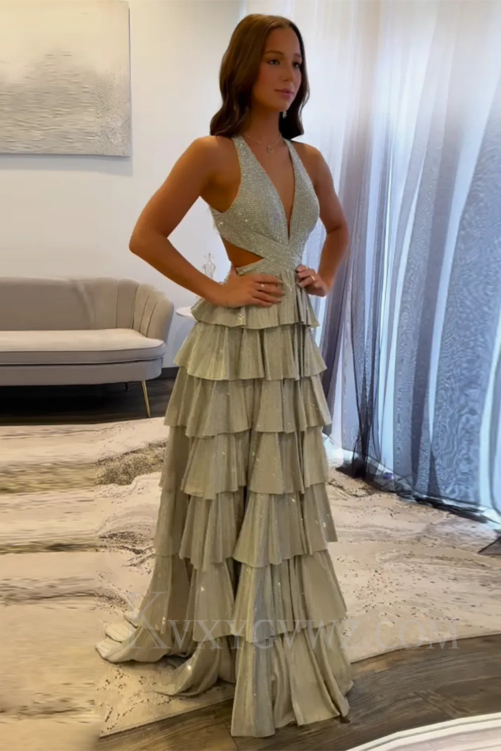 Sparkly Emerald Green Tiered A-Line Deep V-neck Halter Long Prom Dress with Slit LF049