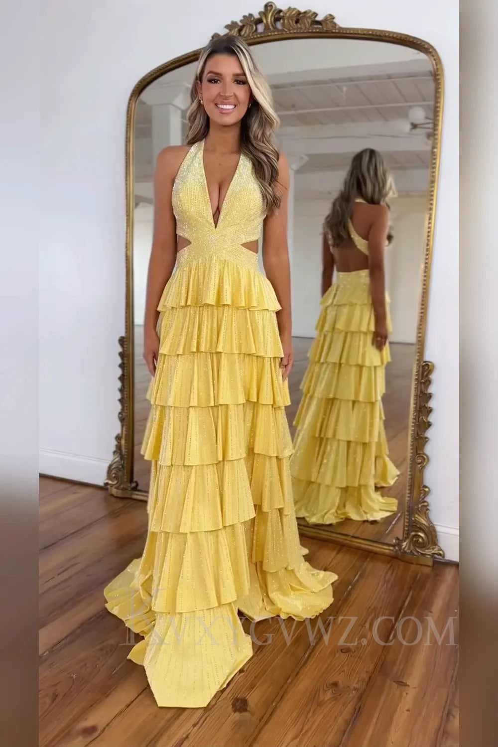 Sparkly Emerald Green Tiered A-Line Deep V-neck Halter Long Prom Dress with Slit LF049