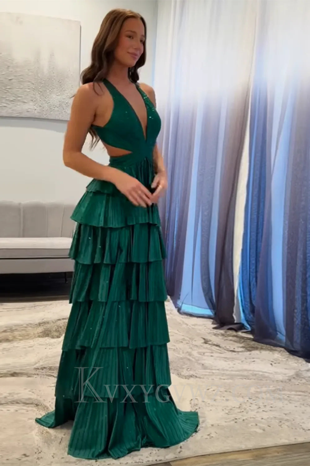 Sparkly Emerald Green Tiered A-Line Deep V-neck Halter Long Prom Dress with Slit LF049