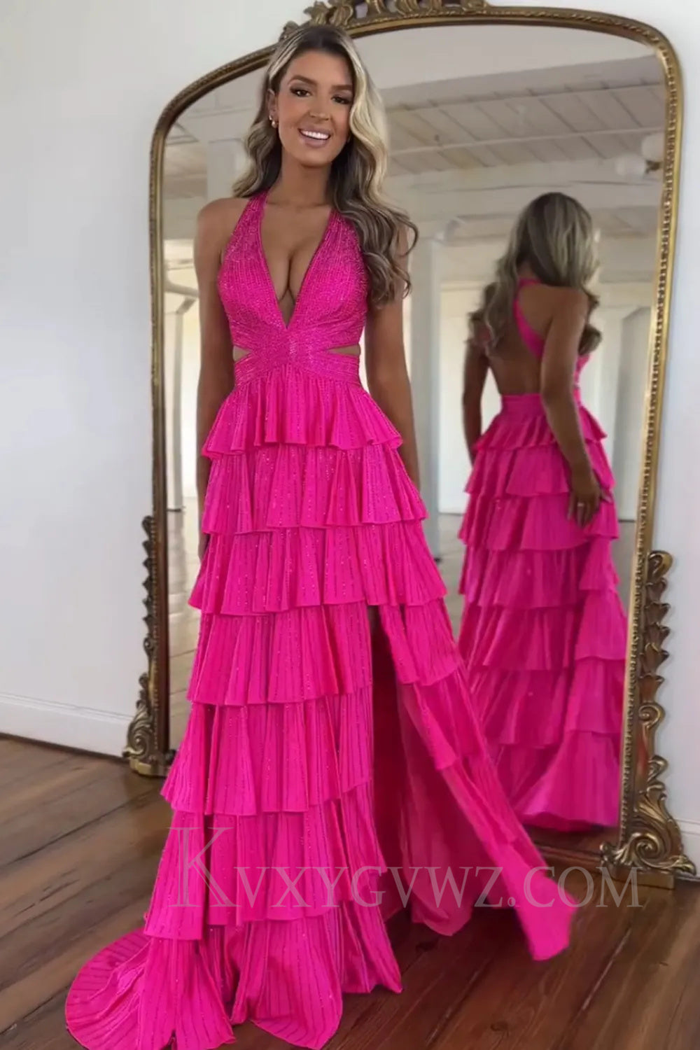 Sparkly Emerald Green Tiered A-Line Deep V-neck Halter Long Prom Dress with Slit LF049