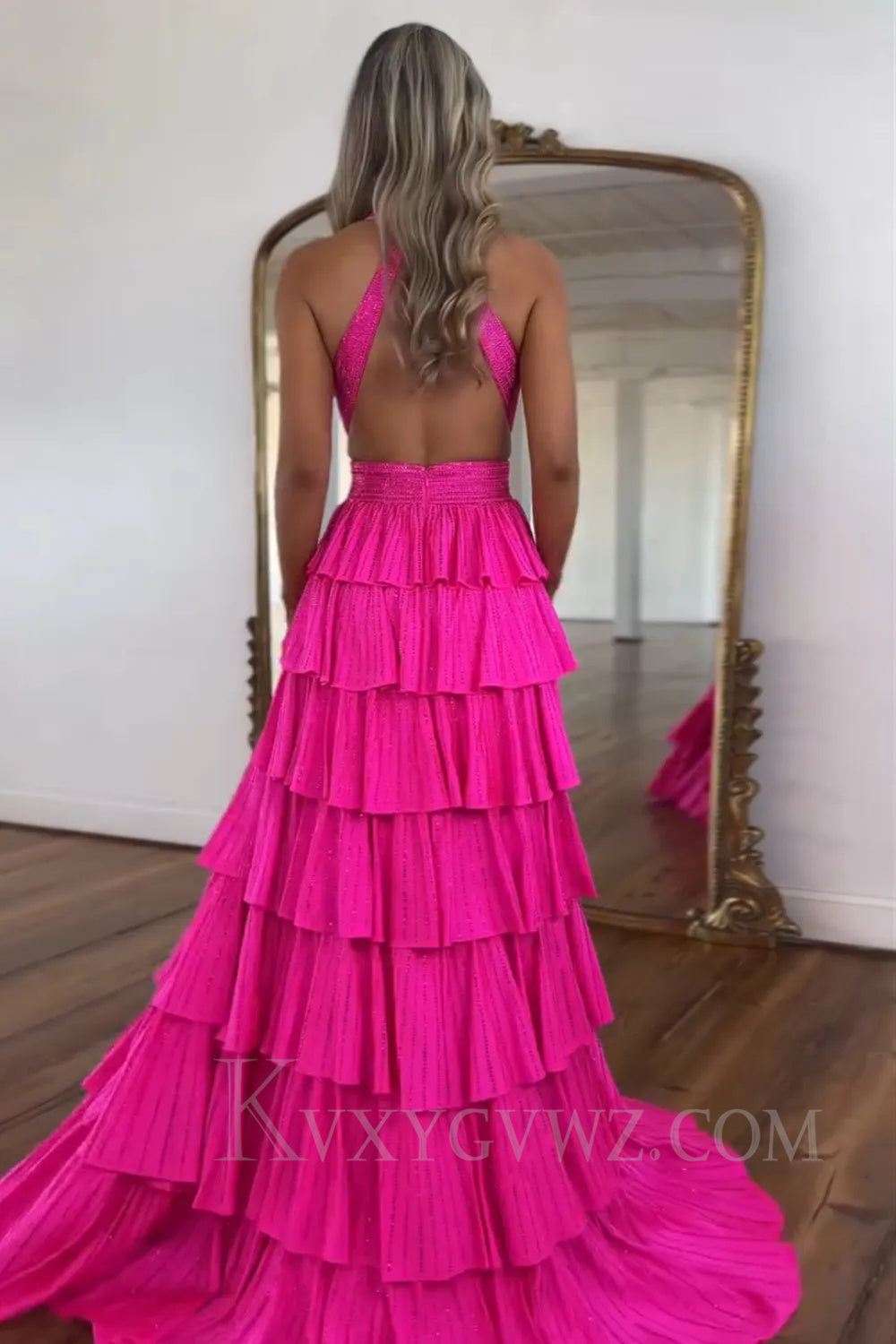 Sparkly Emerald Green Tiered A-Line Deep V-neck Halter Long Prom Dress with Slit LF049