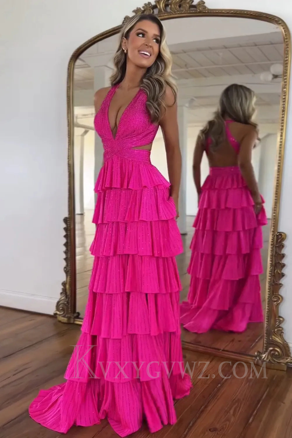 Sparkly Emerald Green Tiered A-Line Deep V-neck Halter Long Prom Dress with Slit LF049