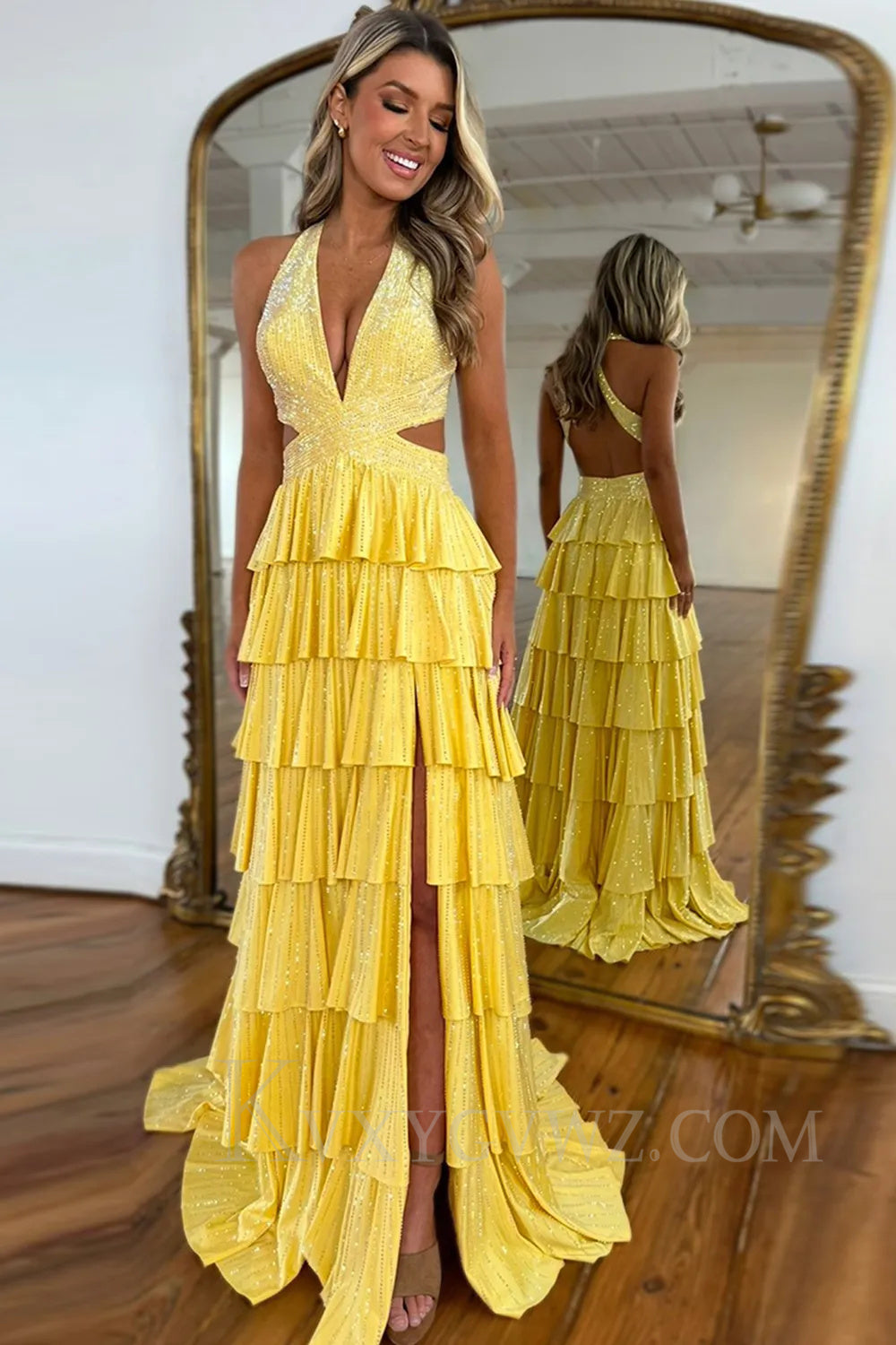 Sparkly Emerald Green Tiered A-Line Deep V-neck Halter Long Prom Dress with Slit LF049