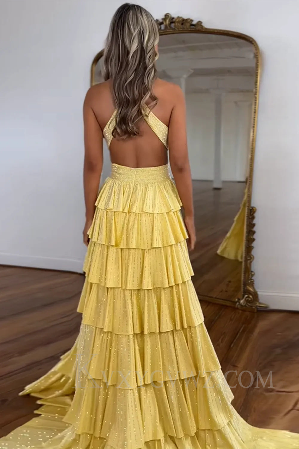 Sparkly Emerald Green Tiered A-Line Deep V-neck Halter Long Prom Dress with Slit LF049