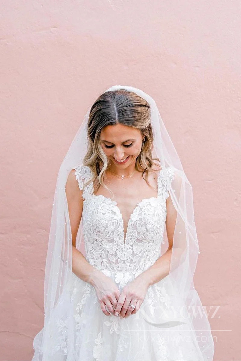 Elegant Lace A-Line Wedding Dress Sweetheart Sweep Train Bridal Gown HS492