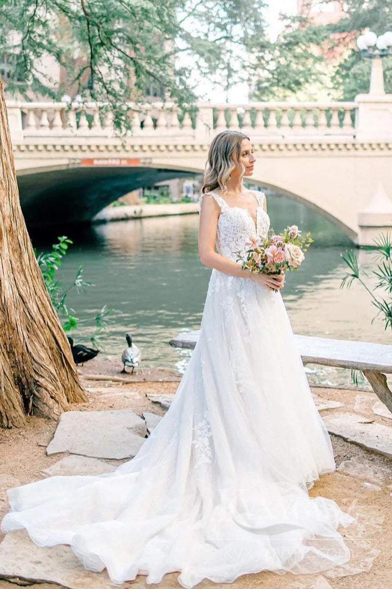 Elegant Lace A-Line Wedding Dress Sweetheart Sweep Train Bridal Gown HS492