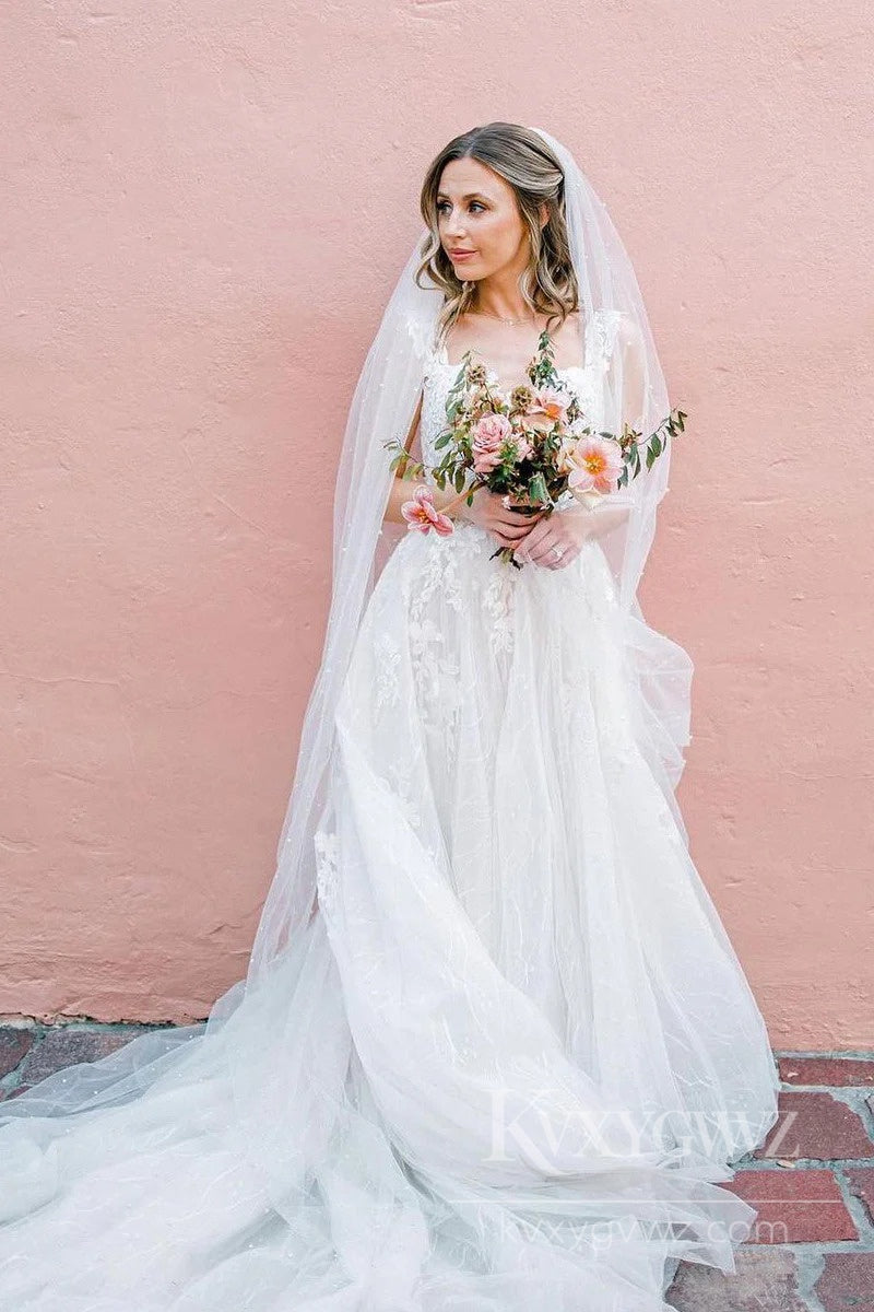 Elegant Lace A-Line Wedding Dress Sweetheart Sweep Train Bridal Gown HS492