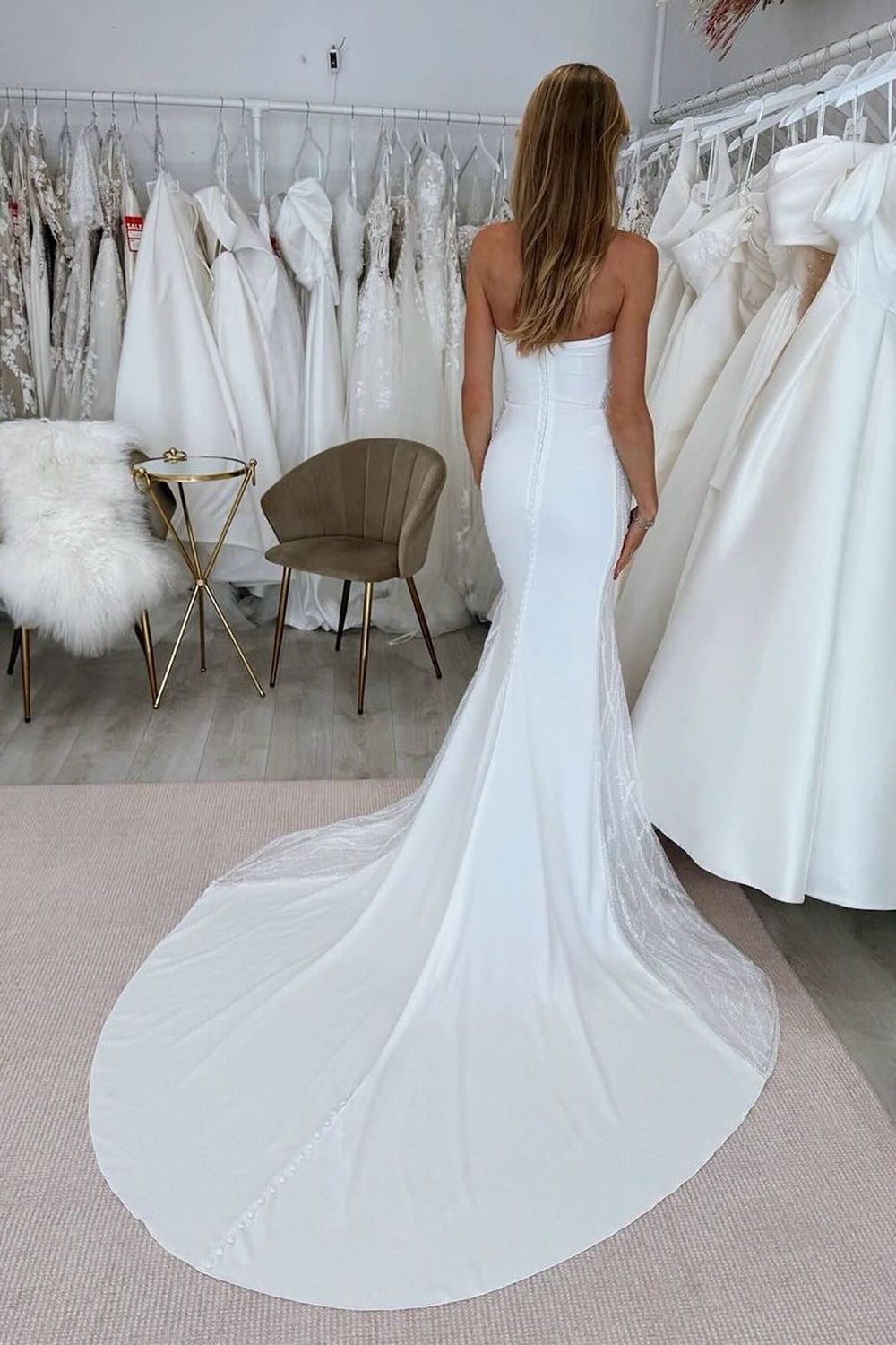 Graceful Simple Mermaid Scoop Neck Satin Long Wedding Dresses Gown HS944