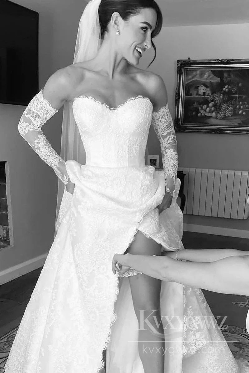 Romantic Strapless Lace Wedding Gown with Long Sleeves and Stunning Train Bridal Gown HS493