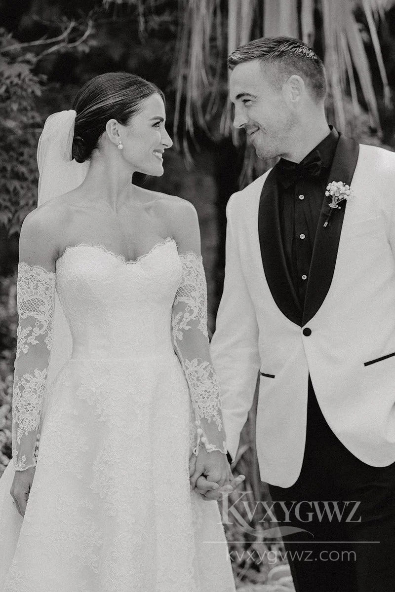 Romantic Strapless Lace Wedding Gown with Long Sleeves and Stunning Train Bridal Gown HS493