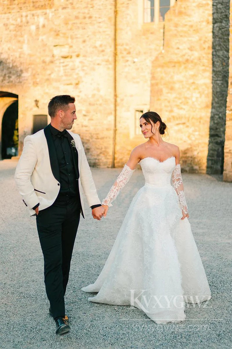 Romantic Strapless Lace Wedding Gown with Long Sleeves and Stunning Train Bridal Gown HS493