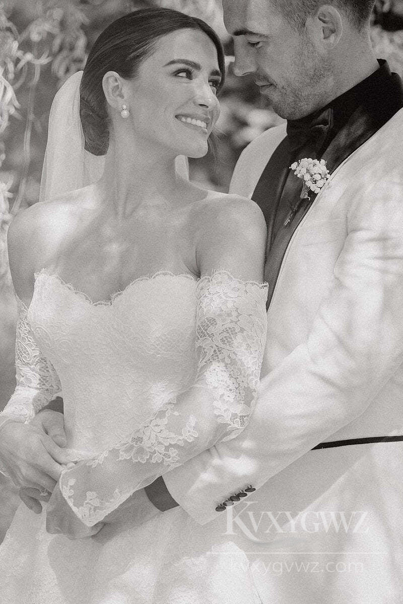 Romantic Strapless Lace Wedding Gown with Long Sleeves and Stunning Train Bridal Gown HS493