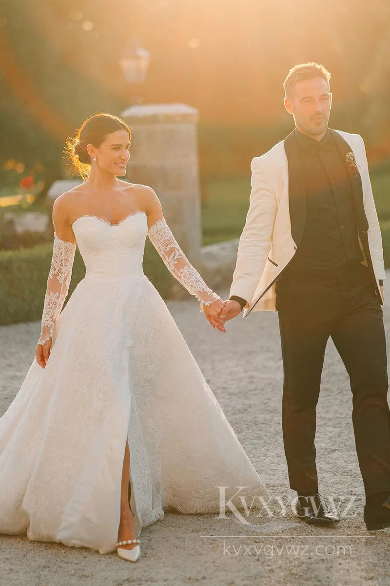 Romantic Strapless Lace Wedding Gown with Long Sleeves and Stunning Train Bridal Gown HS493