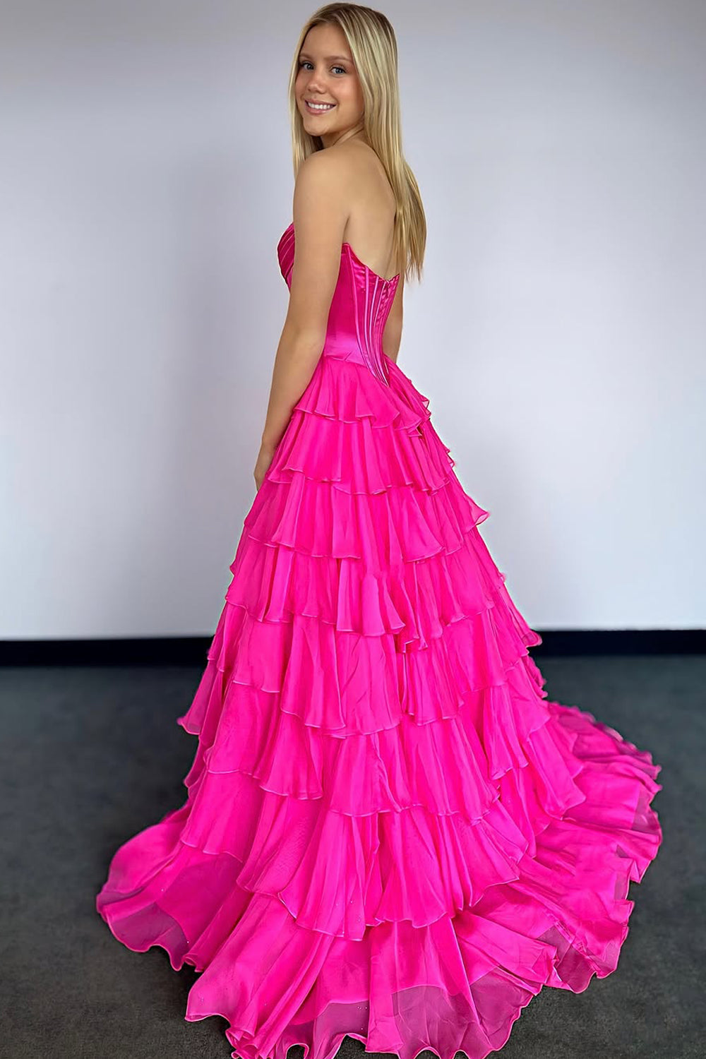 A-Line Strapless Ruffle Tiered Long Prom Dress Gown with Slit LF1374