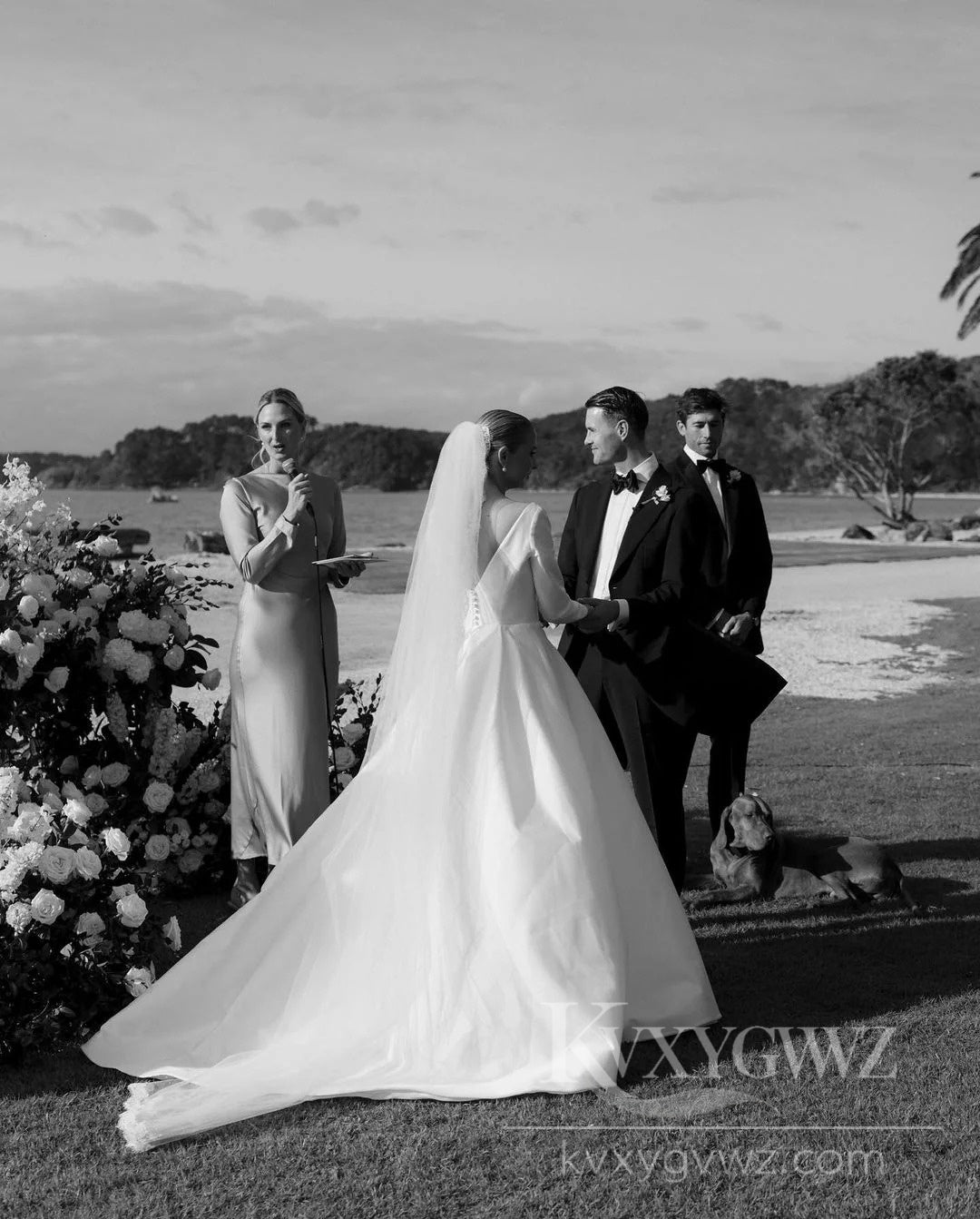 Elegant Long-Sleeves Satin Wedding Dress Sweep Train Bridal Gown HS494