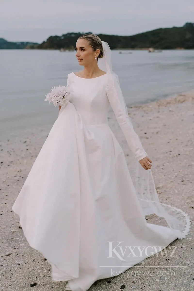 Elegant Long-Sleeves Satin Wedding Dress Sweep Train Bridal Gown HS494
