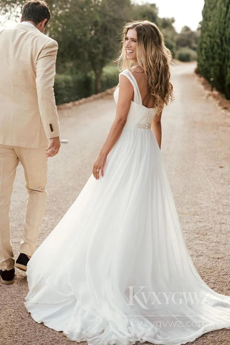 Elegant A-Line Chiffon Wedding Dress with Spaghetti Straps and Subtle Slit Bridal Gown HS499