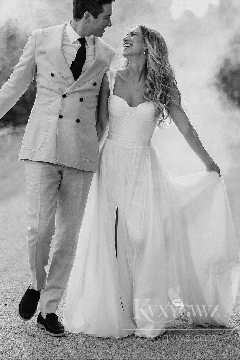 Elegant A-Line Chiffon Wedding Dress with Spaghetti Straps and Subtle Slit Bridal Gown HS499