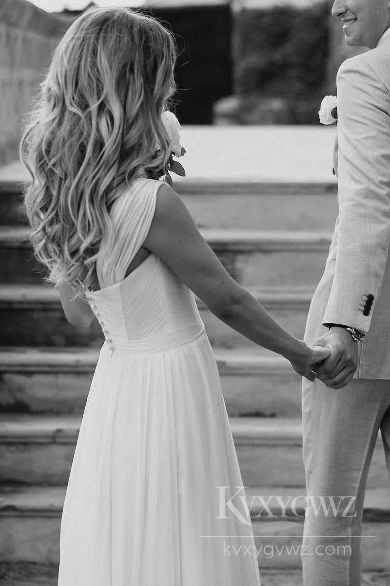 Elegant A-Line Chiffon Wedding Dress with Spaghetti Straps and Subtle Slit Bridal Gown HS499