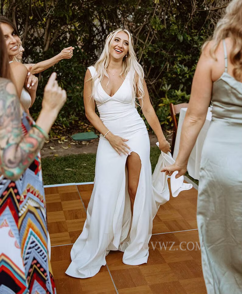 Sexy Deep V Neck Satin Sweep Train Wedding Gown/Dress HS405