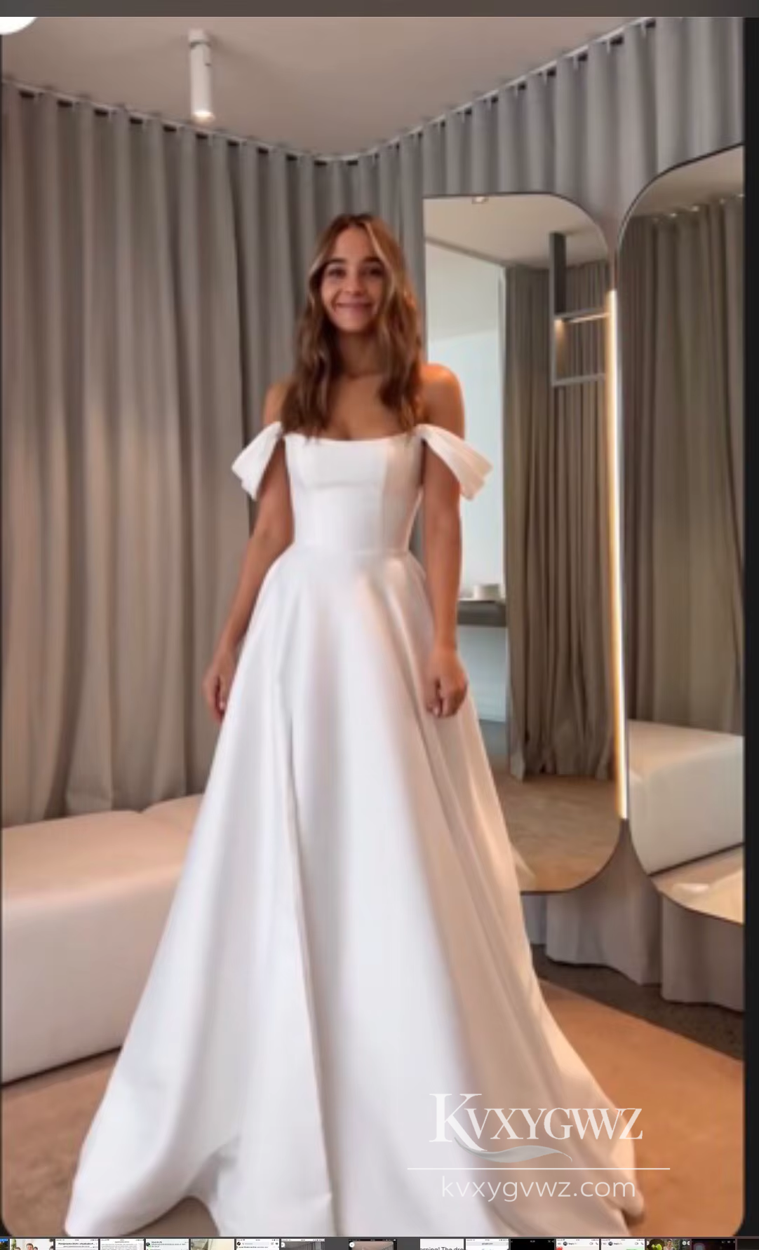 Modern Off-Shoulder Satin A-Line Wedding Dress with High Slit for a Chic Bridal Gown HS464