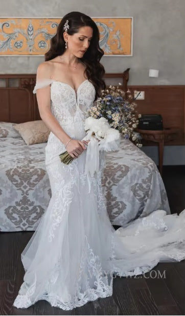 Elegant Off The Shoulder Mermaid Ivory Wedding Gown/Dress With Lace HS404