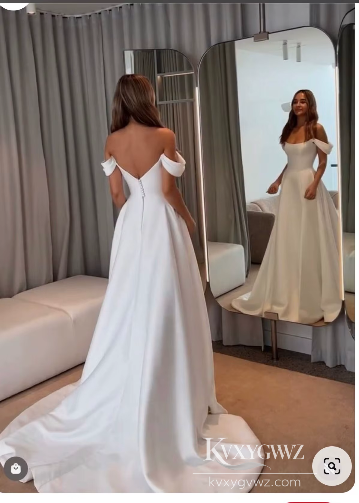 Modern Off-Shoulder Satin A-Line Wedding Dress with High Slit for a Chic Bridal Gown HS464
