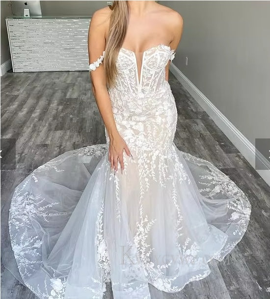Off The Shoulder Mermaid Sweep Train Wedding Gown/Dress With Appliques HS467