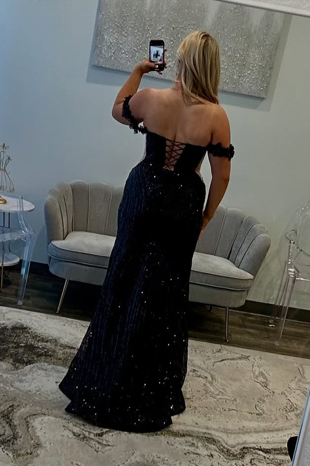 Mermaid Off the Shoulder Black Sequins Lace Long Prom Dress Gown with Slit LF1337